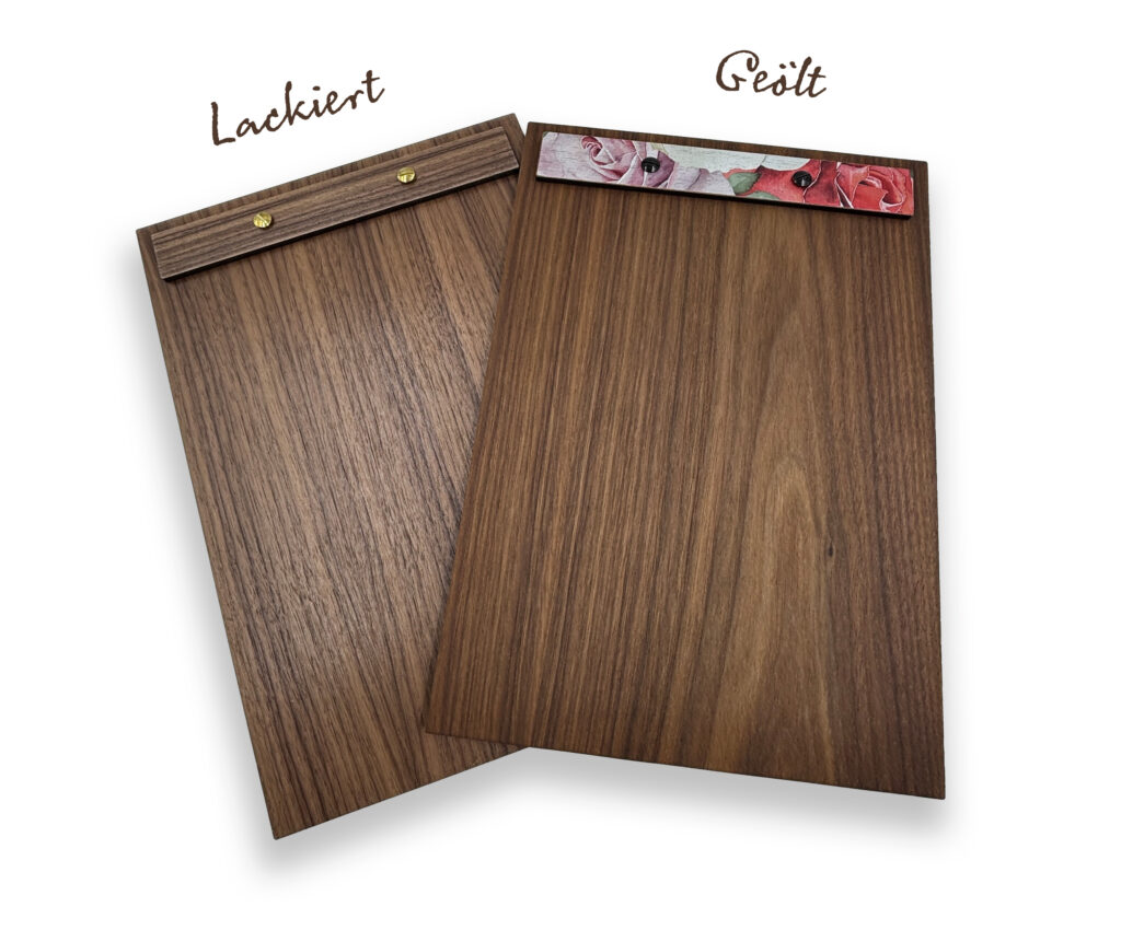 Alle Holzklemmbretter können geschützt werden. Als Möglichkeit besteht sie zu lackieren oder zu ölen.